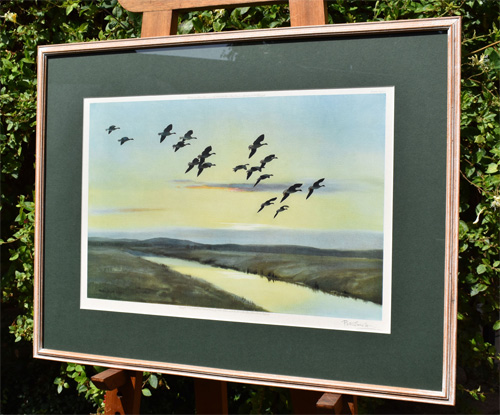 Framed example of Morning Flight Over the Marsh - Pink Feet